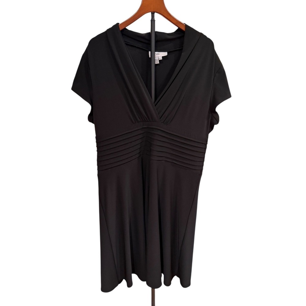 Vtg Lana Lee Black Surplice V Neck‎ Pleated Empire Waist Dress XL Made in Canada